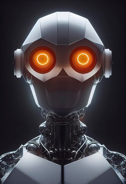 빛나는 눈을 가진 헤드폰을 착용하는 미래형 사이버펑크 로봇