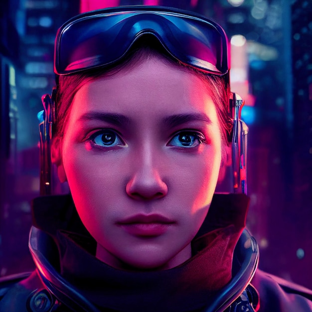 Foto rendering 3d del ritratto di donna robotica cyberpunk futuristica