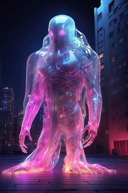 Photo a futuristic cyberpunk room and a male neon glass hologram