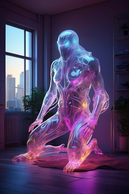 A futuristic cyberpunk room and a male neon glass hologram