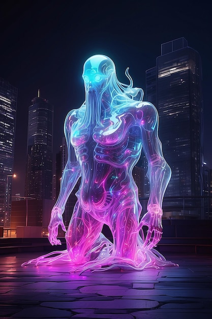 Photo a futuristic cyberpunk room and a male neon glass hologram