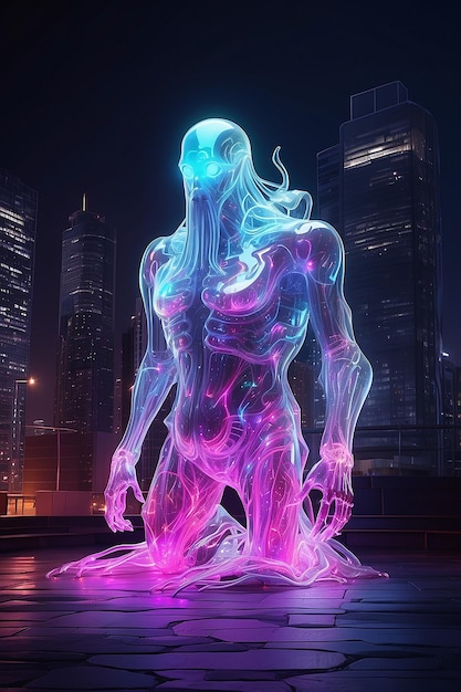 A futuristic cyberpunk room and a male neon glass hologram