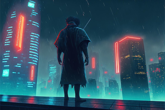 Futuristic cyberpunk samurai soldier Futuristic samurai standing on a building in cyberpunk city at rainy night Digital art style illustration painting