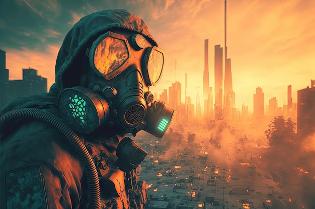 Futuristic cyberpunk soldiers in protective suits and gas masks in a post apocalyptic world after a nuclear stryke or a natural desaster Generative AI