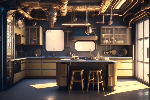 Futuristic cyberpunk steampunk kitchen