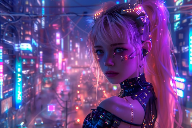 Futuristic Cyberpunk Woman in Neon Lights Cityscape Fashion Forward ...