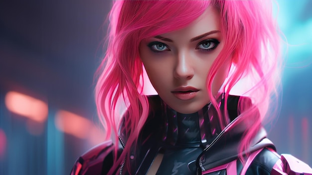 Futuristic cyberpunk woman ninja with pink hair AI generated image