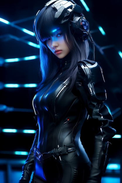 Futuristic Cyberpunk Woman Virtual Reality Glasses Realistic 3D Model Beautiful Cyborg Ai generated