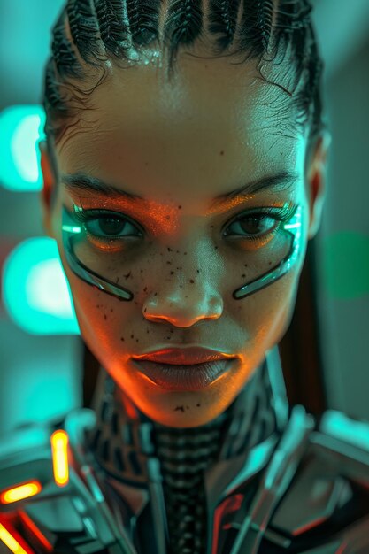 Futuristic Cyberpunk Woman with Neon Lights and Advanced Technology Aesthetic in Moody Sci Fi