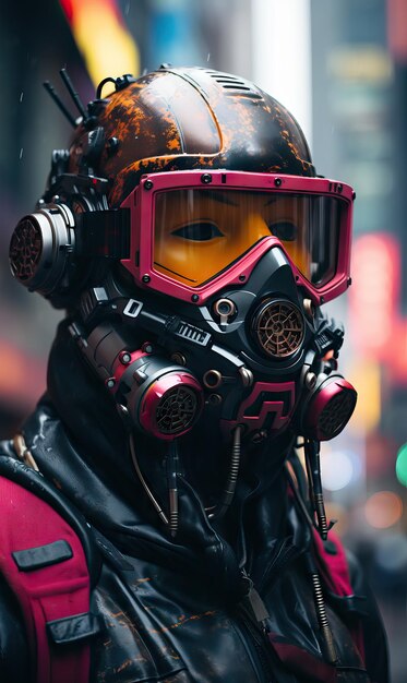 Futuristic cyberpunk women with helmet colorful image dystopic city