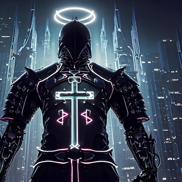Futuristic cyberpunkstyle Knight Templar protecting the city from pagans