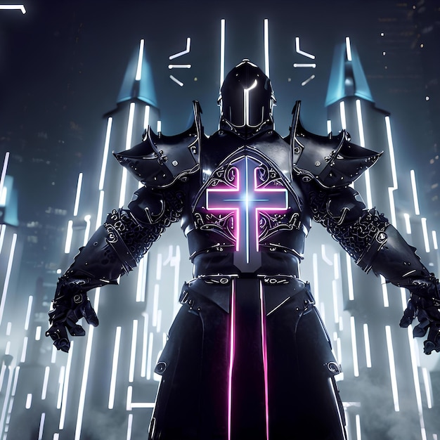 Futuristic cyberpunkstyle Knight Templar protecting the city from pagans