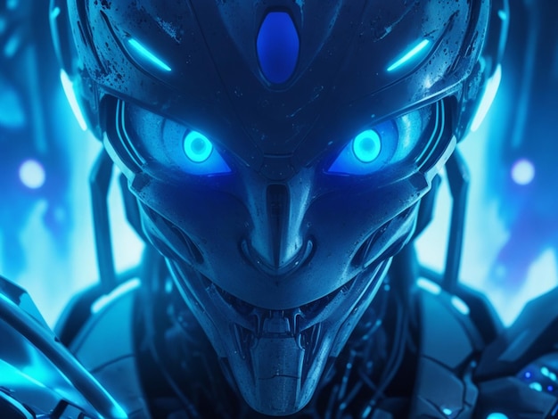 Futuristic cyborg alien with glowing blue eyes in spooky background generated by AI