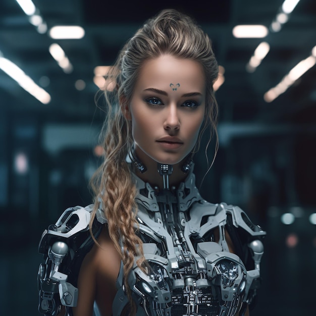 Futuristic cyborg girl with metal armor Generative AI