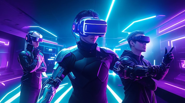 Futuristic cyborg men play virtual reality nightclub game