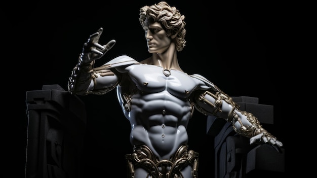 Futuristic cyborg or robot sculpture or statue of david on a dark background