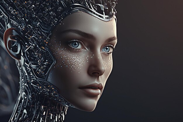 Futuristic cyborg robotic girl with a complex neural brain data science technology concept