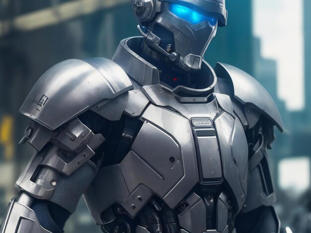 A futuristic cyborg soldier in a metal suit protects against danger ai generated