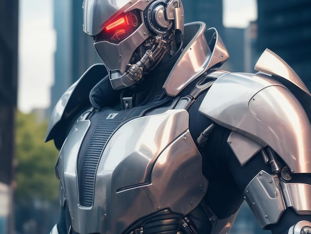 A futuristic cyborg soldier in a metal suit protects against danger ai generated