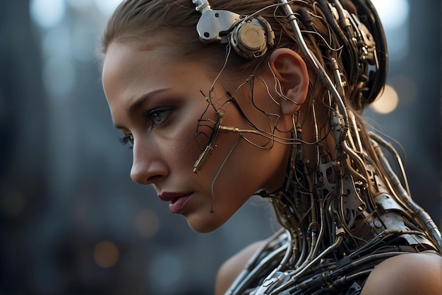 Foto un ritratto in primo piano di una donna cyborg futuristica