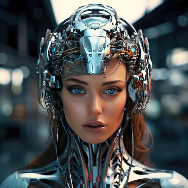 Futuristic cyborg woman portrait in style of cyberpunk ai generated