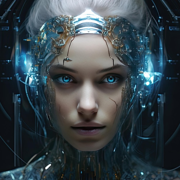 Futuristic cyborg woman portrait in style of cyberpunk ai generated