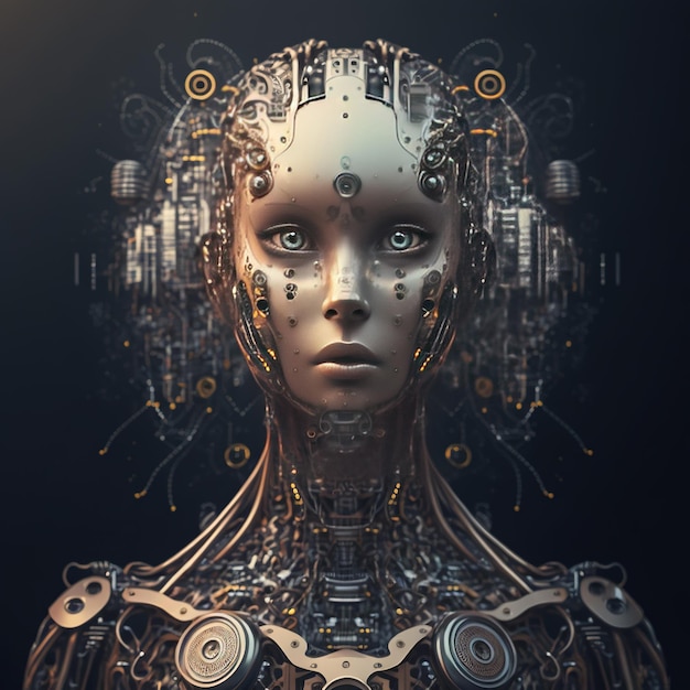 Футуристическая женщина-киборг с проводами и голубыми глазами, созданная с использованием генеративной технологии искусственного интеллекта
