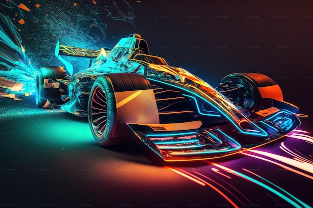 Futuristic d racing car in motion with luminous trails and lights double exposure created with gener