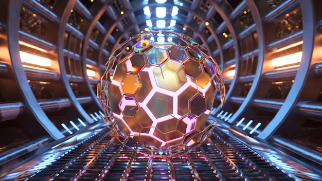 Futuristic d sphere with hexagon pattern inside scifi tunnel