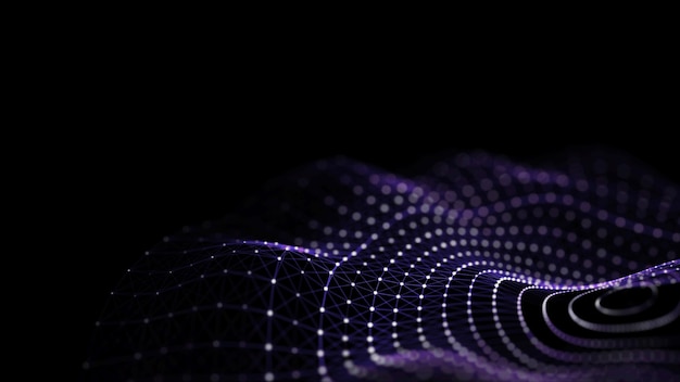 Futuristic dark background The ripple effect of a web of purple lines Big data Illustration of technologies and artificial intelligence The effect of particle oscillation 3D rendering