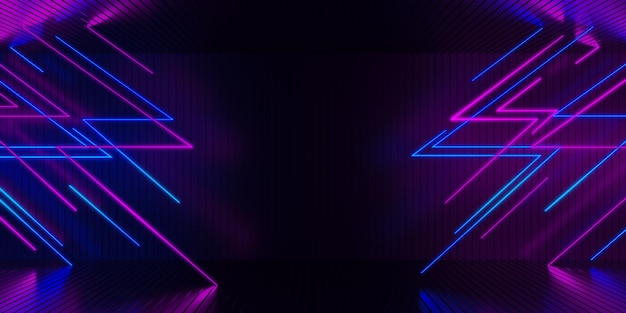 futuristic dark empty stage with blue pink neon glowing lines and reflections on floor 3d background