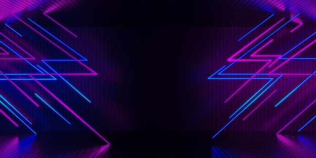 Futuristic dark empty stage with blue pink neon glowing lines and reflections on floor 3d background