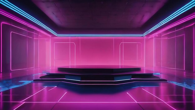 Futuristic dark empty stage with blue pink neon glowing lines and reflections on floor 3d background