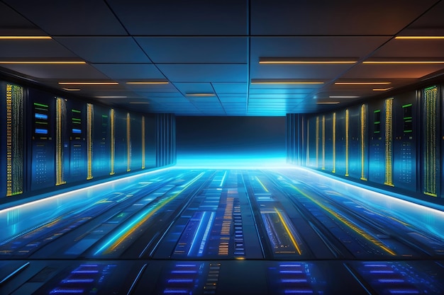 A futuristic dark server room with neon lights