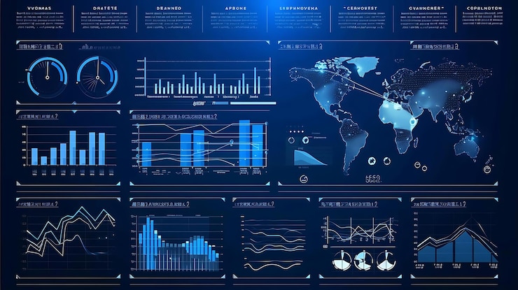 Photo a futuristic dashboard with a dark blue theme featuring interactive data visualizations world map co
