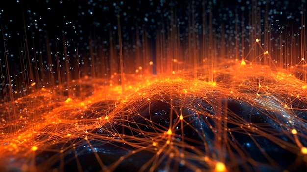 Futuristic data background featuring intricate network of wires and glowing particles representing the flow of information in a digital realm Generative AI