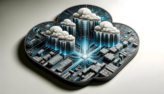 Futuristic Data Center Illuminated Servers on Digital Circuitry Landscape with Cloud Icons