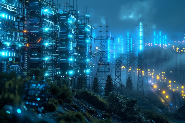 Futuristic Data Center and Power Grid at Night