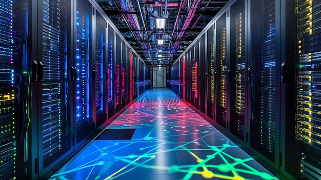Futuristic data center with colorful lights illuminating the floor