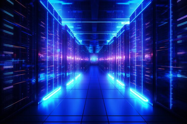 輝く青と紫のサーバーラックが対称的なパターンで配置された未来的なデータセンター