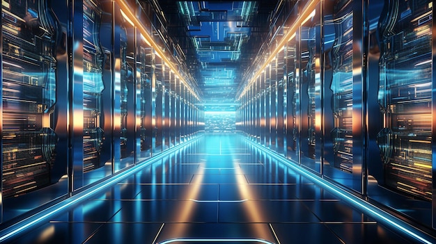 Futuristic data center with network servers in a row