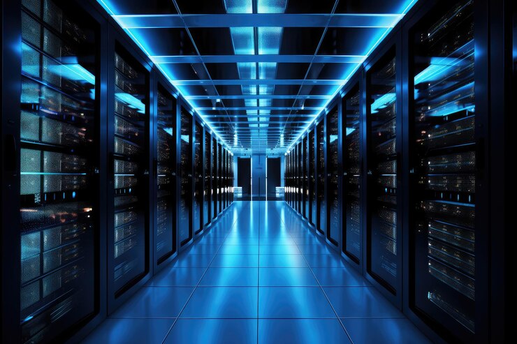 Photo futuristic data center with sleek blue lighting