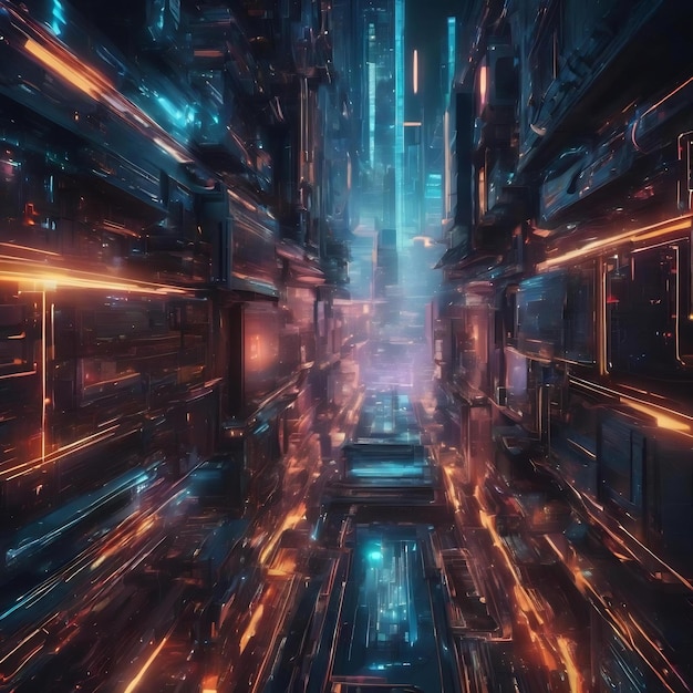 Foto flusso di dati futuristico tecnologia di trasferimento di dati cyberpunk big data e cybersecurity cyberspace