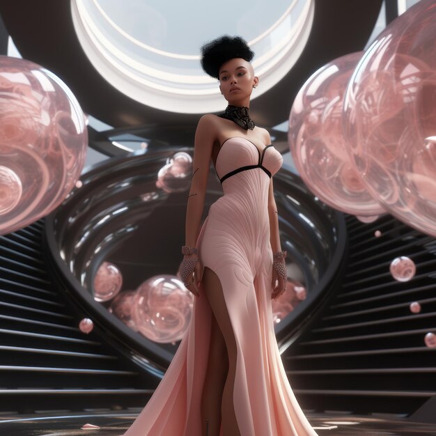 Photo futuristic daz3d avatar exploring otherworldly scenes in light pink and dark black with unreal engi
