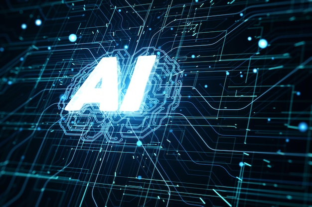 Futuristic design of artificial Intelligence ai brain with circuit board Learning process and problem solving concept Abstract digital technology grid backdrop 3D Rendering