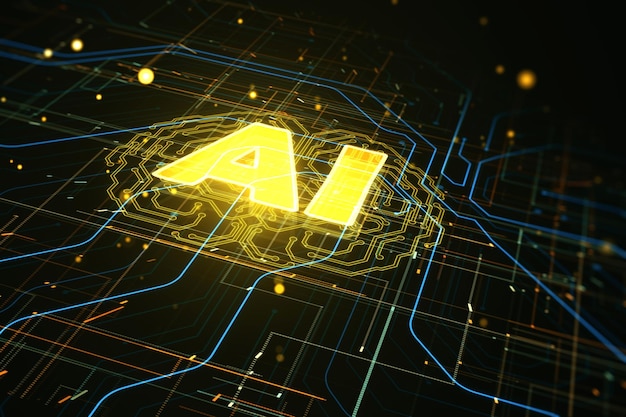 Futuristic design of artificial Intelligence ai brain with circuit board Learning process and problem solving concept Abstract digital technology grid wallpaper 3D Rendering