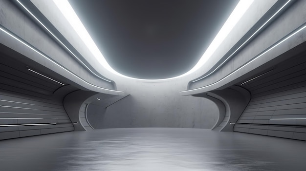 Бетонная космическая комната с футуристическим дизайном, созданная с помощью технологии генеративного искусственного интеллекта