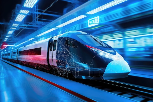 Futuristic design high speed train motion extreme closeup generative ai