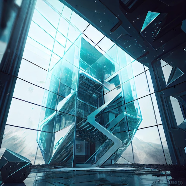 Futuristic design with glass walls and steel elements in scifi futuristic interior created with gene