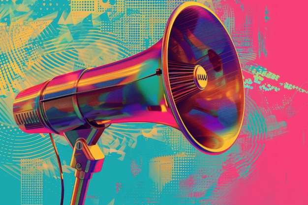 Photo futuristic digital art of a megaphone with halftone effects echoing through cyber space